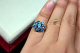 2.25ct Engagement Ring Round Cut Blue Topaz Floral Halo 14k White Gold Finish