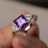 2.5ct Asscher Cut Purple Amethyst Trilogy Engagement Ring 18k White Gold Finish