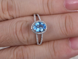 2.3ct Oval Cut Blue Topaz Engagement Ring Halo Split Shank 14k White Gold Finish