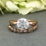 Milgrain Bridal Set Engagement Ring 1.6ct Round Cut Diamond 14k Rose Gold Finish