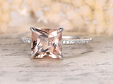 2ct Princess Morganite Engagement Ring Accents with Solitaire 14k WhiteGold Over