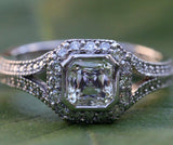 Halo Split Shank Engagement Ring 1.3ct Asscher Cut Diamond 14k White Gold Finish