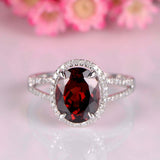 2.3ct Oval Cut Red Garnet Engagement Ring Halo Split Shank 14k White Gold Finish