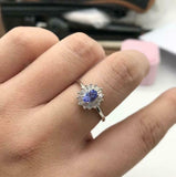 2.3ct Oval Cut Blue Tanzanite Halo Ballerina Cocktail Ring 14k White Gold Finish