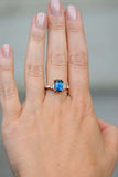 2.1ct Engagement Ring Emerald Cut London Blue Topaz Trilogy 14k Rose Gold Finish
