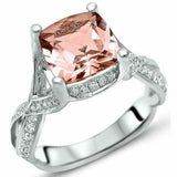 3.5ct Cushion Cut Peach Morganite Split Shank Solitaire Ring 14K White Gold Over