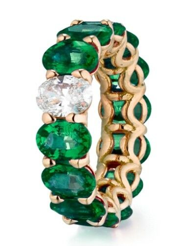 7Ct Oval Cut Green Emerald Diamond Eternity Wedding Band 14K Yellow Gold Finish