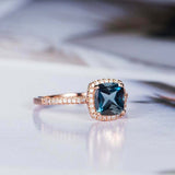 1.5ct Cushion Cut London Blue Topaz Engagement Ring Halo 14k Rose Gold Finish