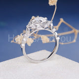 2.1ct Round Cut Moissanite Floral Milgrain Halo Women Ring 14k White Gold Plated