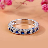 3Ct Princess Cut Blue Sapphire Milgrain Vintage Wedding Band 14K White Gold Over
