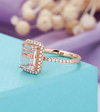 2ct Emerald Cut Peach Morganite Engagement Ring Halo Diamond 14k RoseGold Finish