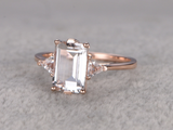 1.5ct Emerald Cut Peach Morganite Engagement Ring Trilogy 14k Rose Gold Finish