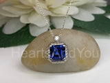 1ct Asscher Cut Simulated Blue Sapphire Halo Pendant Chain 14k White Gold Plated