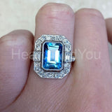 2.2ct Emerald Cut Simulated Aquamarine Art Deco Halo Ring 14k White Gold Plated