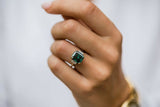 4.7ct Green Emerald Cut Trapezoid Accents Trilogy Ring 14k Dual Gold Finish