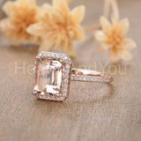 1.5ct Emerald Cut Simulated Morganite Halo Engagement Ring 14k Rose Gold Plated