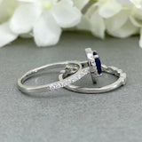 1.6ct Pear Cut Blue Sapphire Halo Bridal Set Engagement Ring 14k White Gold Over