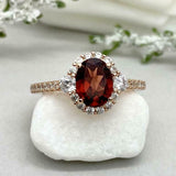 2.3ct Oval Cut Red Garnet Diamond Accent Halo Engagement Ring 14k Rose Gold Over