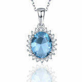 2.3ct Blue Topaz Pendant Chain Oval Cut Diamond Floral Halo 14k WhiteGold Finish