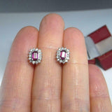 1.7ct Emerald Cut Pink Ruby Diamond Halo Stud Earrings 14k White Gold Finish