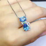 2ct Blue Topaz Pendant Oval Pear Cut Kitten 14k White Gold Finish NO CHAIN