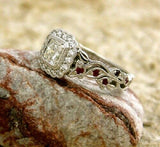 2Ct Cushion Cut Diamond Ruby Vintage Halo Engagement Ring 14K White Gold Finish