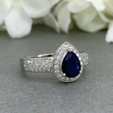 3ct Pear Cut Blue Sapphire Halo Solitaire Engagement Ring 14k White Gold Finish