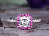 2ct Cushion Cut Diamond Engagement Ring Pink Sapphire Halo 14k White Gold Finish