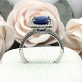 2.4ct Cushion Cut Blue Sapphire Round Diamond Halo Ring 14k White Gold Finish