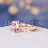 2ct Oval Cut Simulated Peach Morganite Milgrain Bridal Set 14k Rose Gold Plated