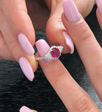 2ct Oval Pink Ruby Engagement Ring Trillion Accent Trilogy 14k White Gold Finish