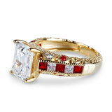 3Ct Emerald Cut Diamond Ruby Accent Vintage Engagement Ring 14K Yellow Gold Over