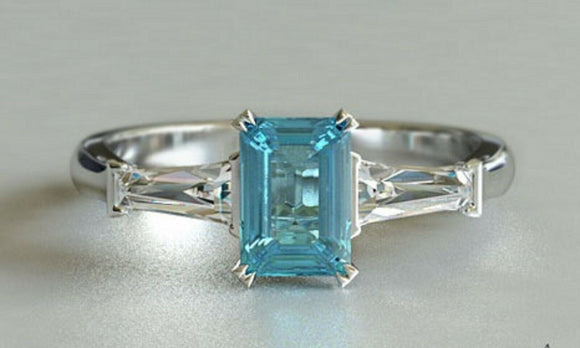 2ct Emerald Cut Blue Aquamarine Engagement Ring Trilogy 14k White Gold Finish