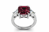 2ct Asscher Cut Red Garnet Trillion Accent Trilogy Ring 14k White Gold Finish
