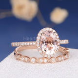 2.5ct Oval Cut Simulated Morganite Milgrain Halo Bridal Set 14k Rose Gold Plated