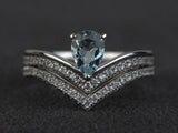 2.3ct Engagement Ring Pear Cut Aquamarine Curved Bridal Set 14k WhiteGold Finish