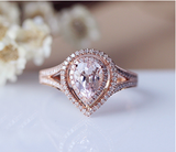 3ct Pear Peach Morganite Engagement Ring 14k Rose Gold Finish Double Halo Shank