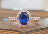 2.25ct Engagement Ring Oval Cut Blue Sapphire Diamond Halo 14k Rose Gold Finish