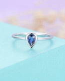0.5ct Pear Cut Blue Sapphire Bezel Bridal Set Engagement Ring 14k WhiteGold Over