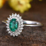 2ct Oval Cut Green Emerald Engagement Ring Dual Halo Floral 14k White Gold Over