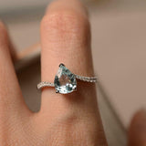 1.7ct Engagement Ring Pear Cut Aquamarine Swirl with Accents 14k White Gold Over