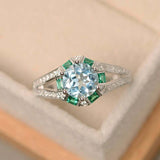 2.5ct Round Cut Blue Aquamarine Art Deco Split Shank Ring 14k White Gold Finish