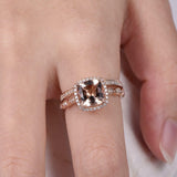 2.3ct Cushion Cut Peach Morganite Bridal Set Engagement Ring 18k Rose Gold Over