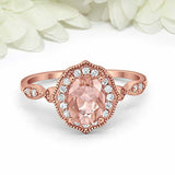 1.3ct Oval Cut Peach Morganite Engagement Ring Art Deco Halo 14k RoseGold Finish