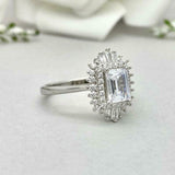 2ct Engagement Ring Emerald Cut Diamond Ballerina Sunburst 14k White Gold Finish