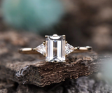 1.7ct Emerald Cut Diamond Trilogy Trillion Accents Ring 14k Yellow Gold Finish