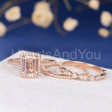 2.5ct Emerald Simulated Morganite Halo Anniversary Trio Set 14k Rose Gold Plated