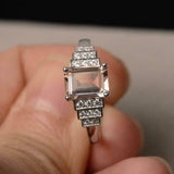3ct Emerald Cut Morganite Solitaire Round Step Accent Ring 14k White Gold Finish