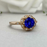 2.2ct Engagement Ring Round Cut Blue Sapphire Milgrain Halo 14k Rose Gold Finish