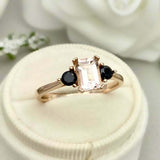 1ct Engagement Ring Emerald Cut Peach Morganite Trilogy 14k Yellow Gold Finish